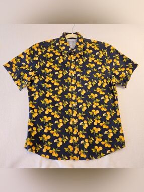 Banana Republic Short-Sleeve Navy Lemon Print Shirt Luxe Stretch Poplin Size L